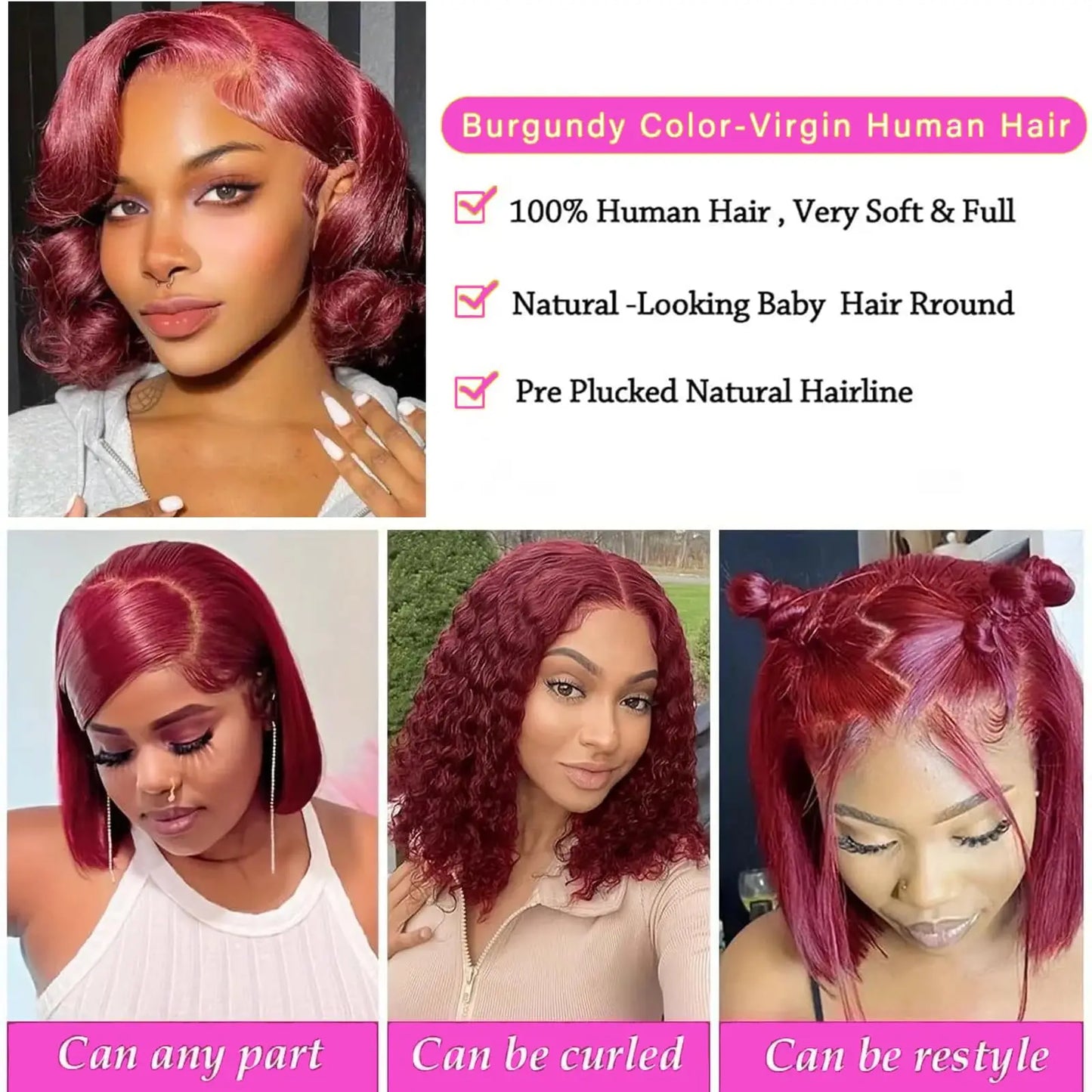#99J Burgundy Body Wave Bob Wig 13x4 Lace Frontal Human Hair Wig Short Bob Wigs Pre Plucked 200% Density Human Hair For Women