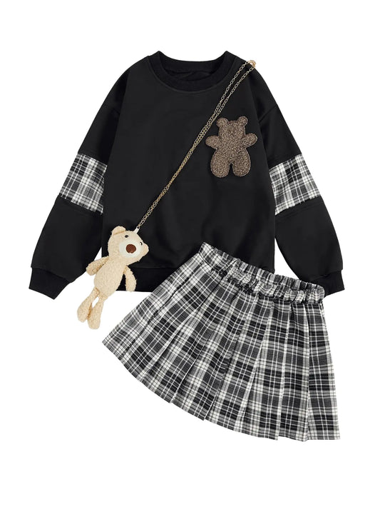 OYOANGLE Girls 3 Piece Outfits Cartoon Print Long Sleeve Pullover Sweatshirt Top and Plaid Skirts and Bag Sets Black Plaid 10Y