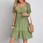 Women Summer Solid Dress Casual Bohemian V Neck Short Sleeve Ruffles Loose  Dress Elegant Beach Party