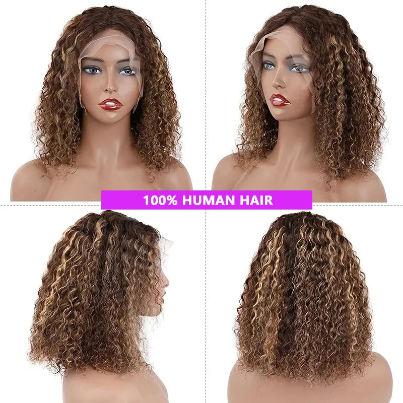 250% Density Highlight Short Curly Bob Wig Deep Wave Bob Lace Wig 13x4 Lace Front Human Hair Wigs Brazilian Virgin Human Hair