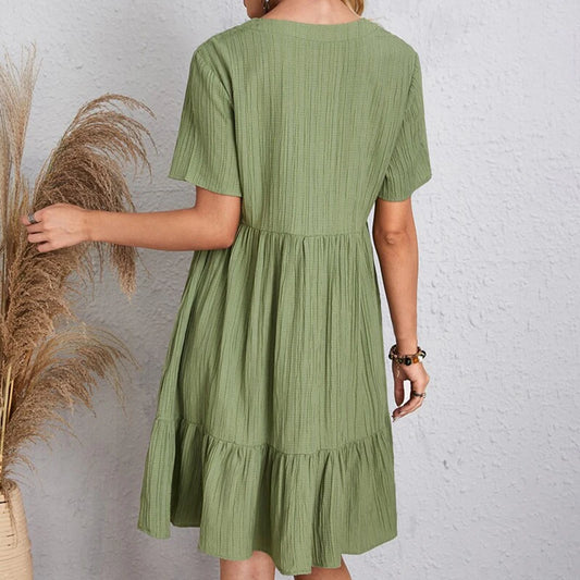Women Summer Solid Dress Casual Bohemian V Neck Short Sleeve Ruffles Loose  Dress Elegant Beach Party