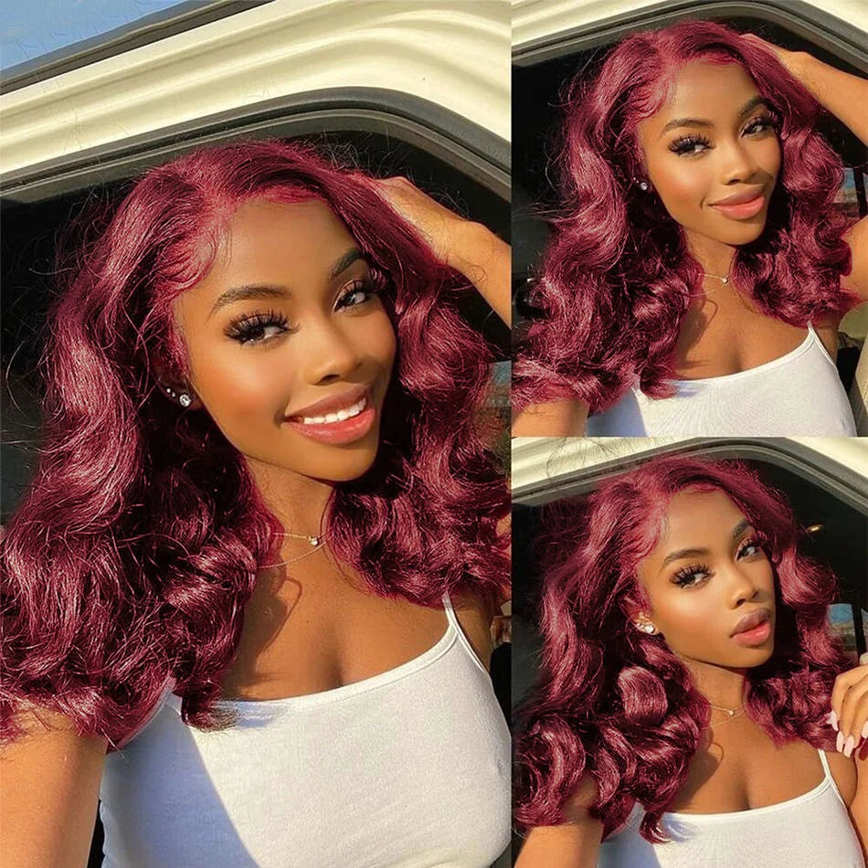 #99J Burgundy Body Wave Bob Wig 13x4 Lace Frontal Human Hair Wig Short Bob Wigs Pre Plucked 200% Density Human Hair For Women