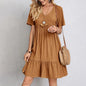 Women Summer Solid Dress Casual Bohemian V Neck Short Sleeve Ruffles Loose  Dress Elegant Beach Party
