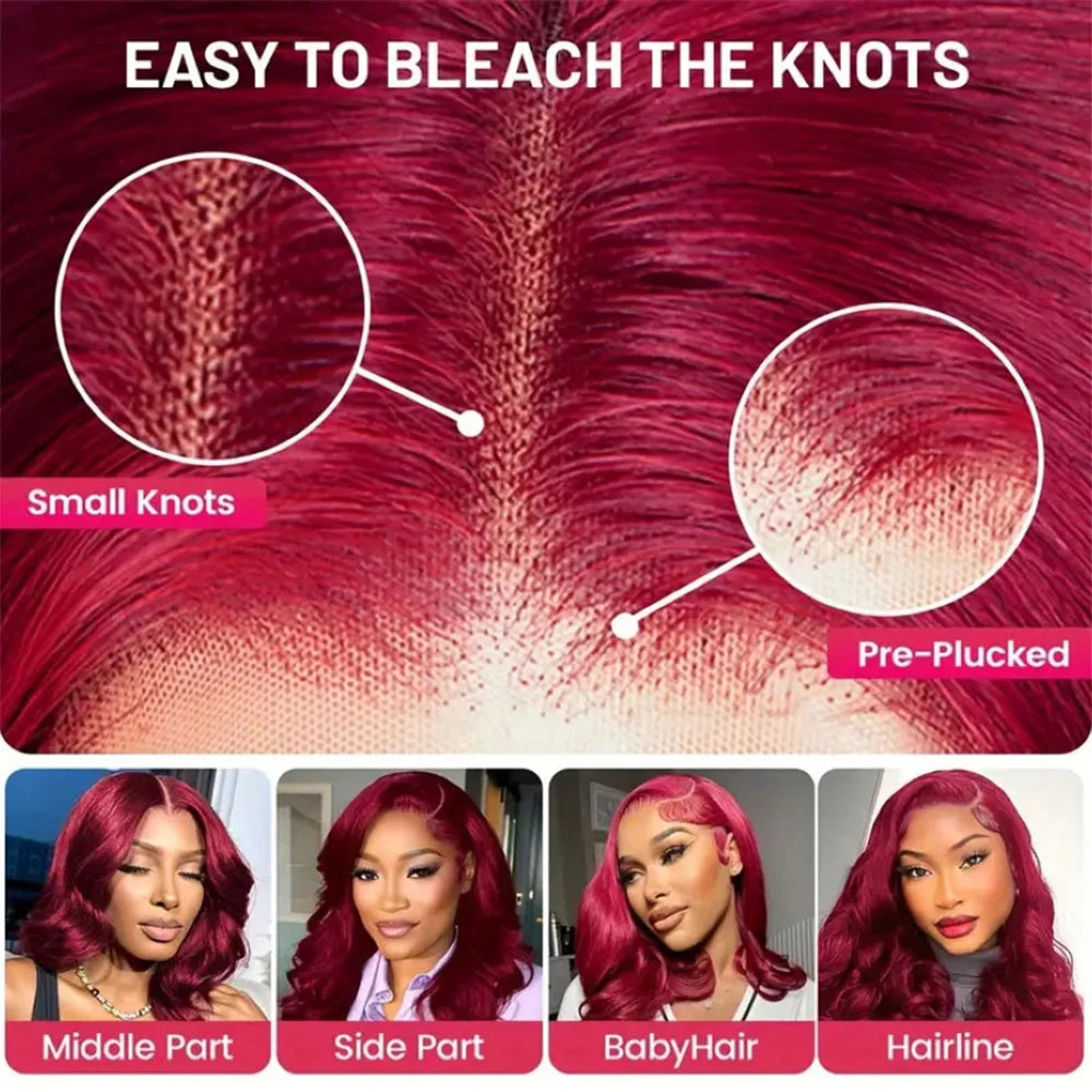 Body Wave 99J Burgundy Bob Wig Human Hair 13x4 Frontal Lace Wig HD Lace Front Wigs Human Hair Pre Plucked 180% Density