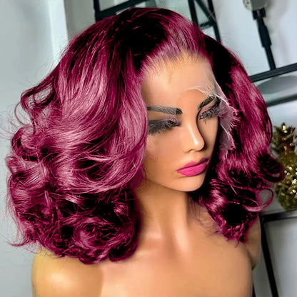 #99J Burgundy Body Wave Bob Wig 13x4 Lace Frontal Human Hair Wig Short Bob Wigs Pre Plucked 200% Density Human Hair For Women