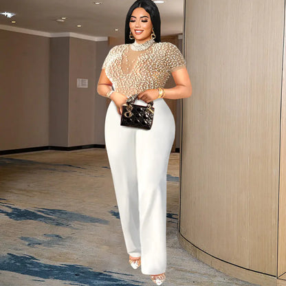 Elegant Plus Size Women’s Mesh Pearl Jumpsuit Outfit