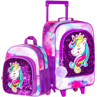 TXHVO 2Pcs Kids Suitcase 18" Girls Carry on Luggage With Wheels Unicorn Suitcases with toddler Backpack(Purple)