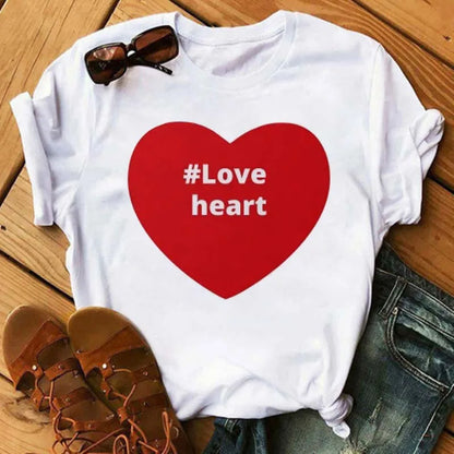 Maycaur Colorful Heart Flower Print Women Tshirt Summer Casual Funny Graphic T Shirt 90s Lady Yong Girl Valentine's Day Gifts