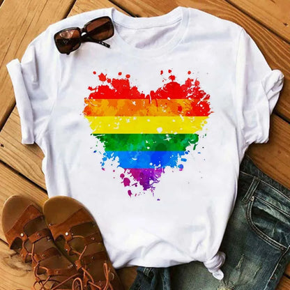 Maycaur Colorful Heart Flower Print Women Tshirt Summer Casual Funny Graphic T Shirt 90s Lady Yong Girl Valentine's Day Gifts