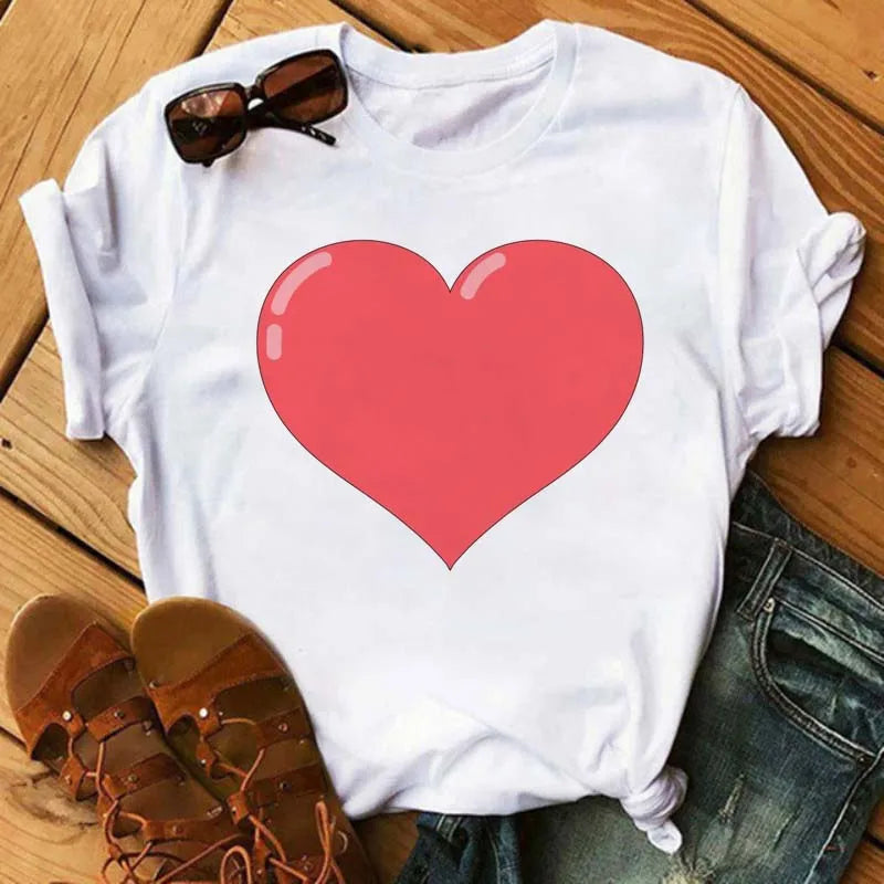 Maycaur Colorful Heart Flower Print Women Tshirt Summer Casual Funny Graphic T Shirt 90s Lady Yong Girl Valentine's Day Gifts