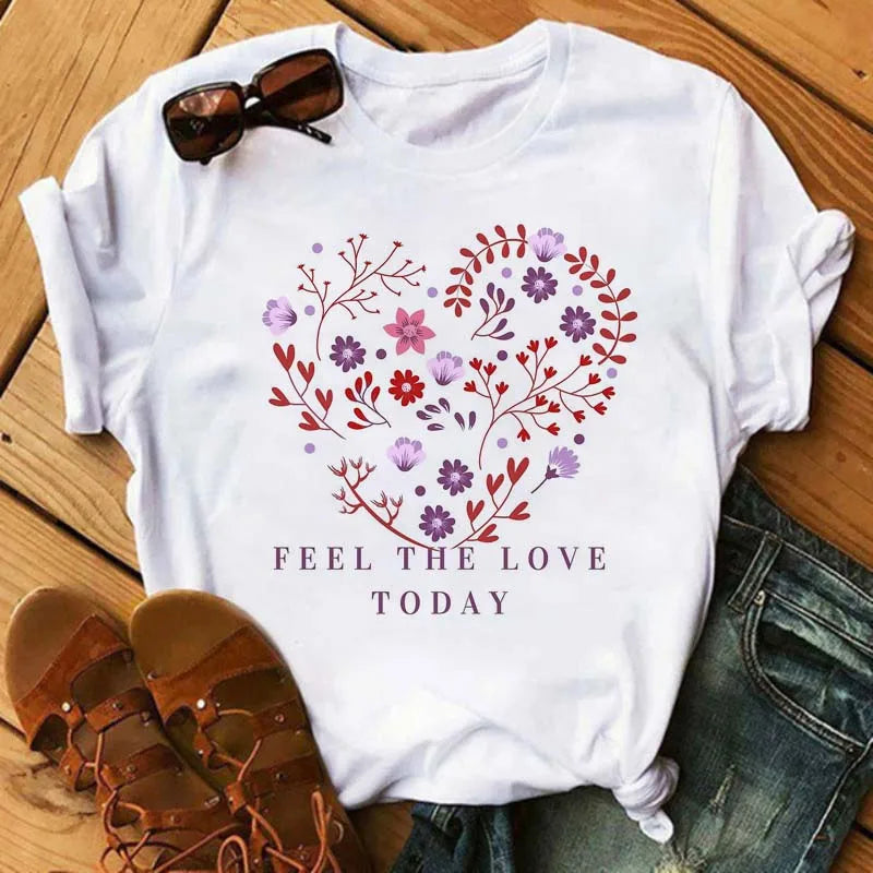 Maycaur Colorful Heart Flower Print Women Tshirt Summer Casual Funny Graphic T Shirt 90s Lady Yong Girl Valentine's Day Gifts
