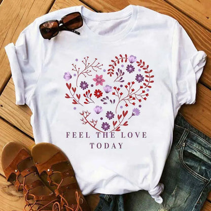 Maycaur Colorful Heart Flower Print Women Tshirt Summer Casual Funny Graphic T Shirt 90s Lady Yong Girl Valentine's Day Gifts