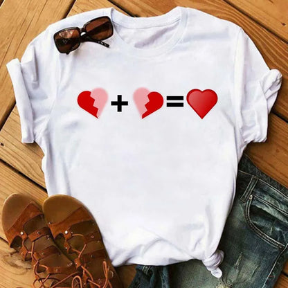 Maycaur Colorful Heart Flower Print Women Tshirt Summer Casual Funny Graphic T Shirt 90s Lady Yong Girl Valentine's Day Gifts