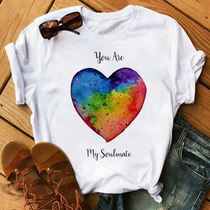 Maycaur Colorful Heart Flower Print Women Tshirt Summer Casual Funny Graphic T Shirt 90s Lady Yong Girl Valentine's Day Gifts
