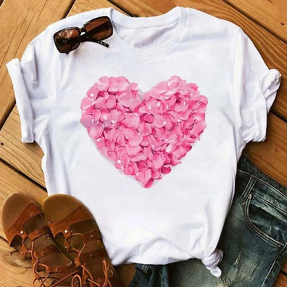 Maycaur Colorful Heart Flower Print Women Tshirt Summer Casual Funny Graphic T Shirt 90s Lady Yong Girl Valentine's Day Gifts