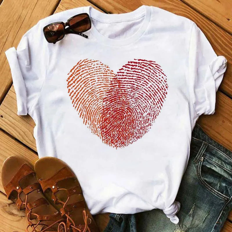 Maycaur Colorful Heart Flower Print Women Tshirt Summer Casual Funny Graphic T Shirt 90s Lady Yong Girl Valentine's Day Gifts