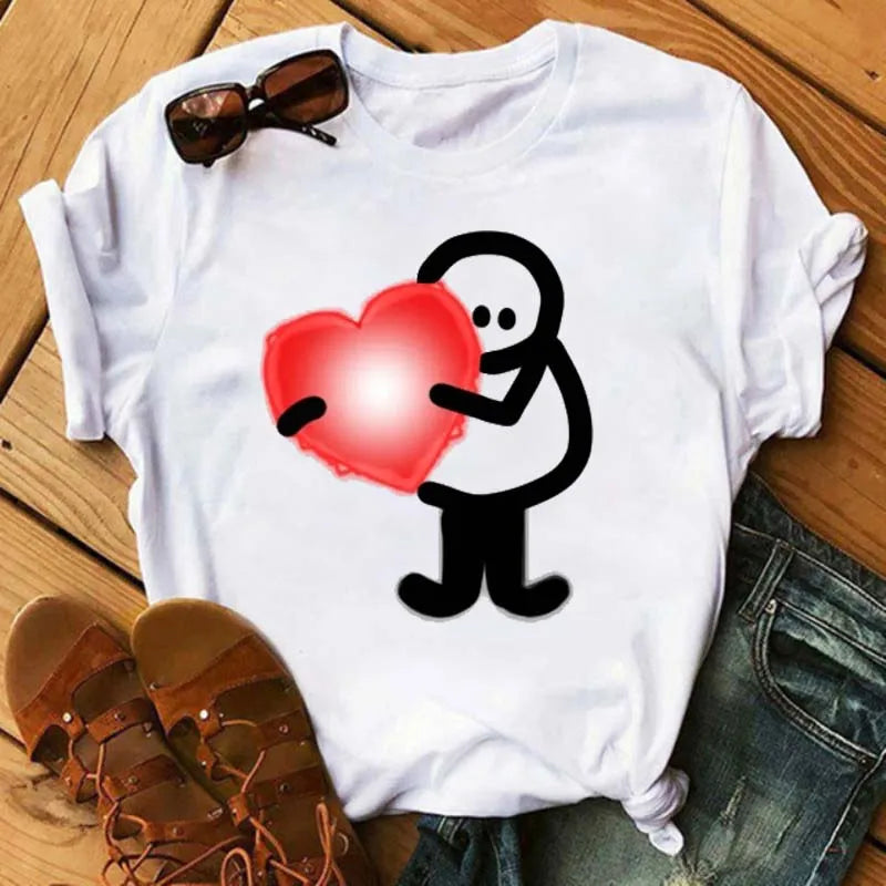Maycaur Colorful Heart Flower Print Women Tshirt Summer Casual Funny Graphic T Shirt 90s Lady Yong Girl Valentine's Day Gifts