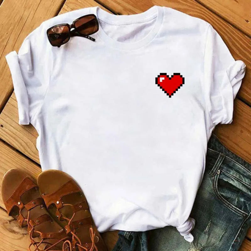 Maycaur Colorful Heart Flower Print Women Tshirt Summer Casual Funny Graphic T Shirt 90s Lady Yong Girl Valentine's Day Gifts