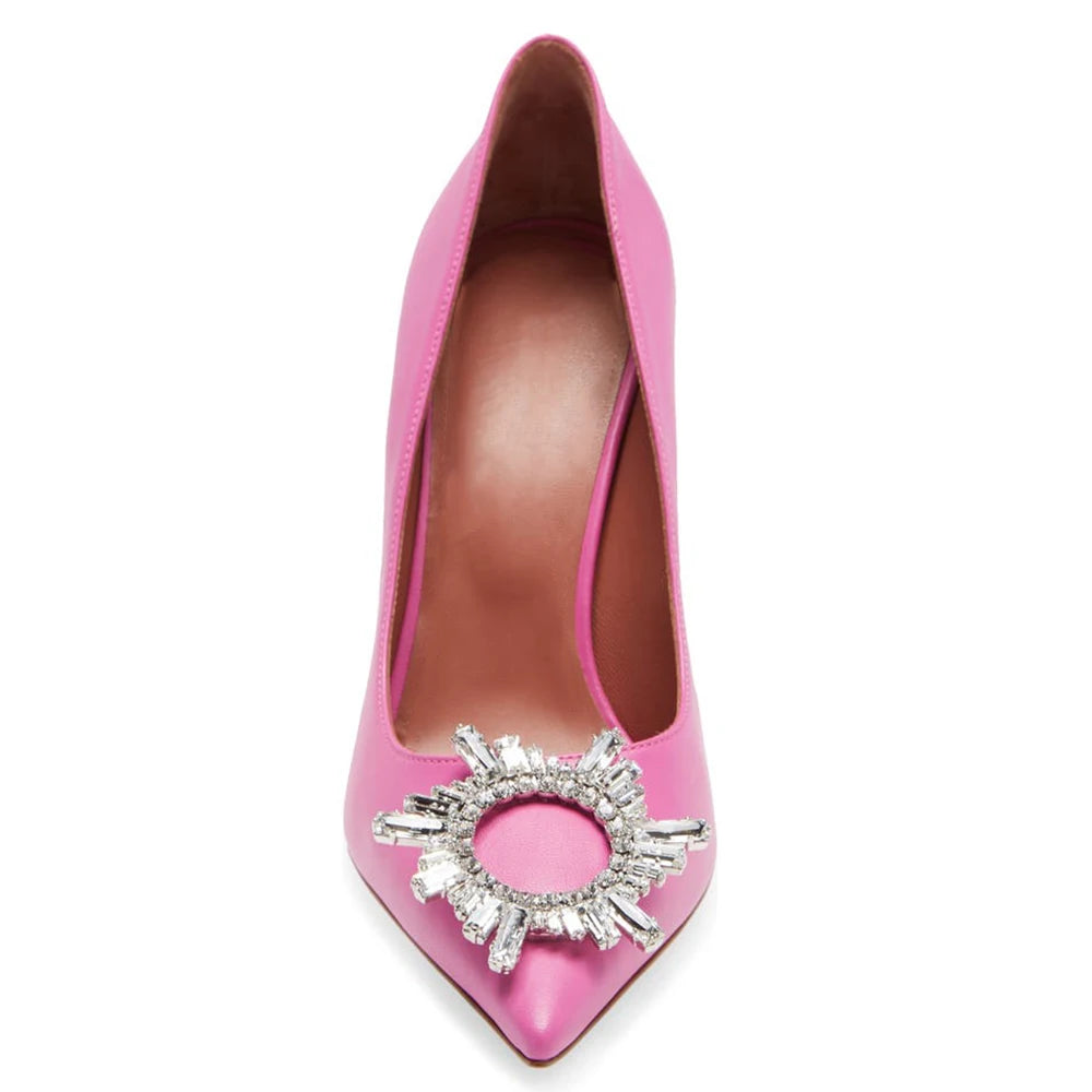 Pretty Pink PU Leather Crystal Flower Fashion Women Pumps Pointed Toe Glass Heel Party High Heels