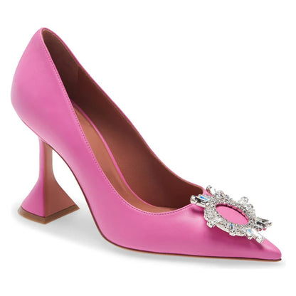 Pretty Pink PU Leather Crystal Flower Fashion Women Pumps Pointed Toe Glass Heel Party High Heels