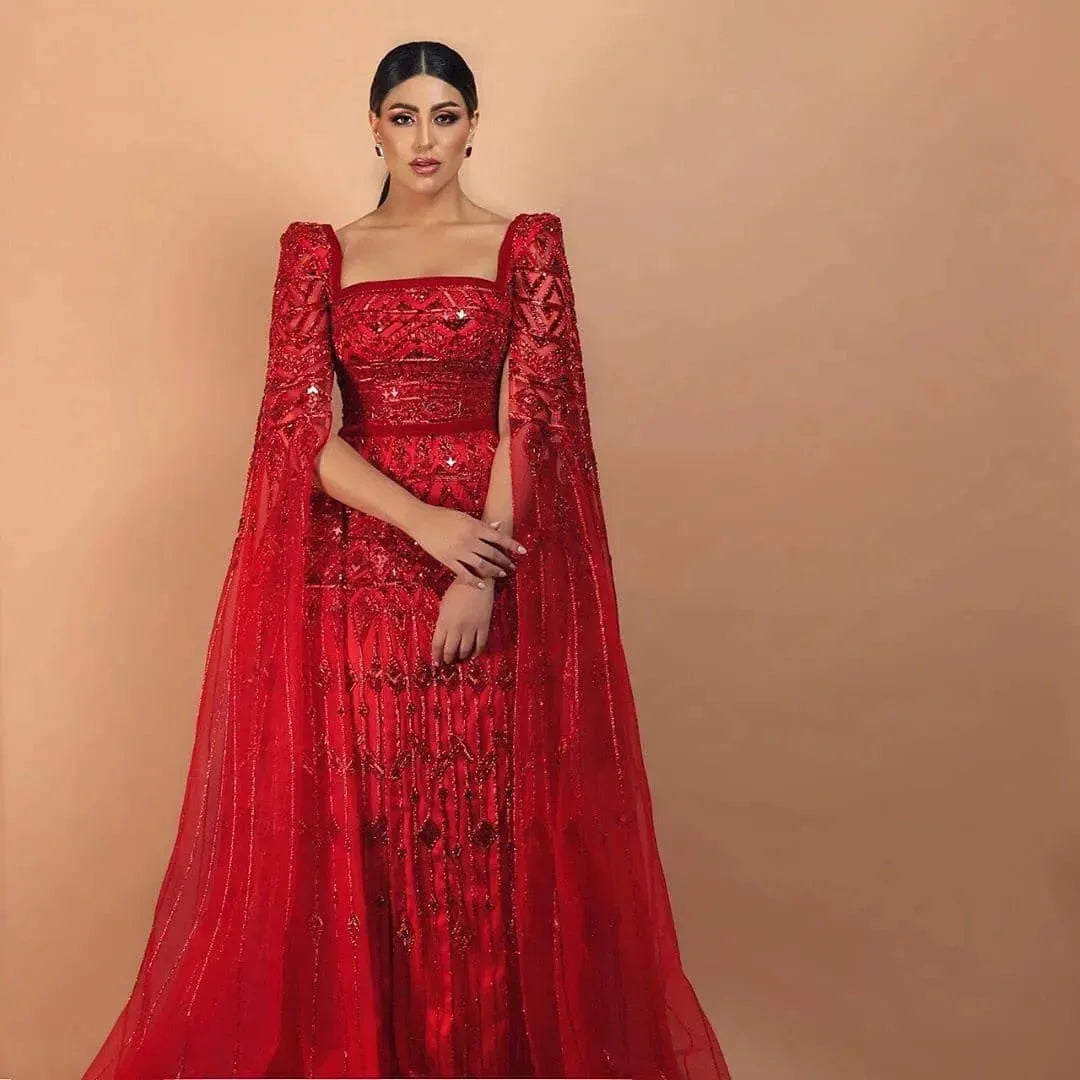 Luxury Wine Red Arabic Burgundy Evening Dress With Cape Sleeves Elegant Dubai Women Wedding Party Gowns
