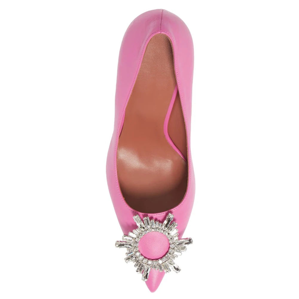 Pretty Pink PU Leather Crystal Flower Fashion Women Pumps Pointed Toe Glass Heel Party High Heels