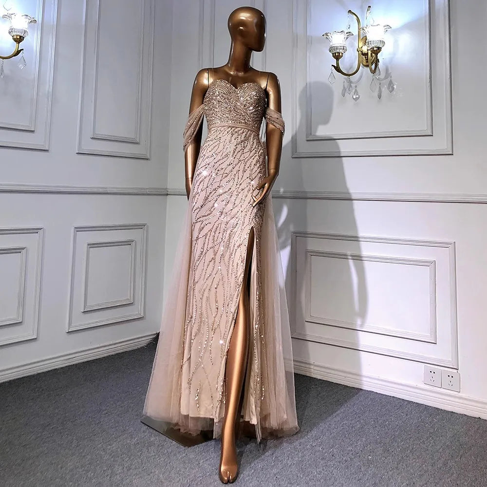 Women's Off-Shoulder Drop-Sleeve Solid Waist-Cinching High-Slit Mermaid Evening Dress with Heavy Beading and Fringe