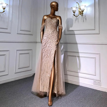 Women's Off-Shoulder Drop-Sleeve Solid Waist-Cinching High-Slit Mermaid Evening Dress with Heavy Beading and Fringe