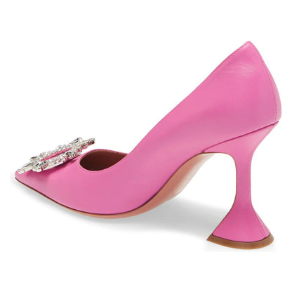 Pretty Pink PU Leather Crystal Flower Fashion Women Pumps Pointed Toe Glass Heel Party High Heels