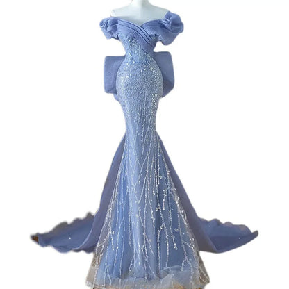 Elegant Royal Style Classic Dress Mermaid  Chapel Lace Pattern Decoration High-Level Sense Host Wedding  Dress