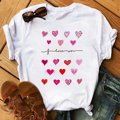 Maycaur Colorful Heart Flower Print Women Tshirt Summer Casual Funny Graphic T Shirt 90s Lady Yong Girl Valentine's Day Gifts