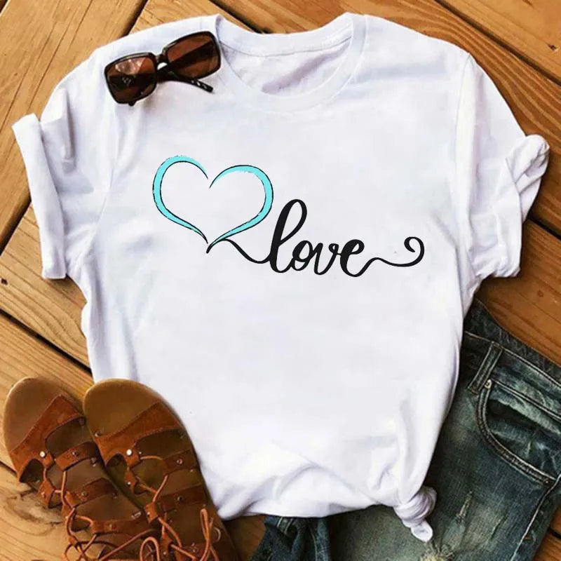 Maycaur Colorful Heart Flower Print Women Tshirt Summer Casual Funny Graphic T Shirt 90s Lady Yong Girl Valentine's Day Gifts