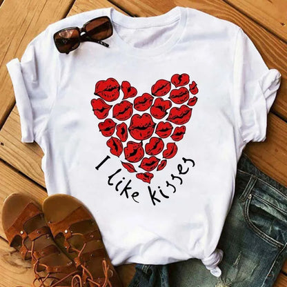 Maycaur Colorful Heart Flower Print Women Tshirt Summer Casual Funny Graphic T Shirt 90s Lady Yong Girl Valentine's Day Gifts