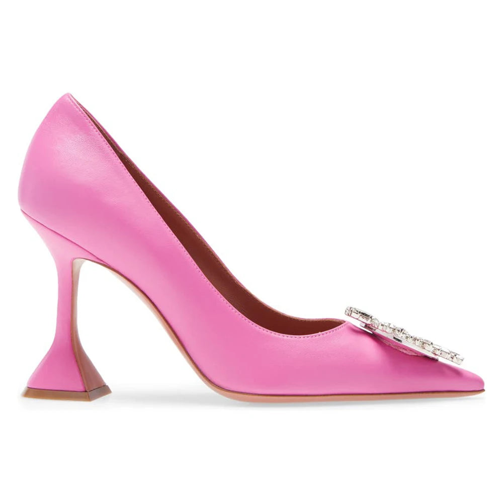 Pretty Pink PU Leather Crystal Flower Fashion Women Pumps Pointed Toe Glass Heel Party High Heels