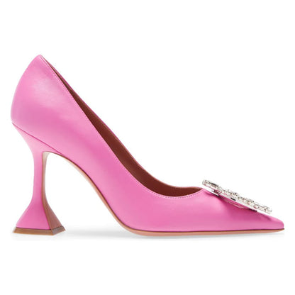 Pretty Pink PU Leather Crystal Flower Fashion Women Pumps Pointed Toe Glass Heel Party High Heels