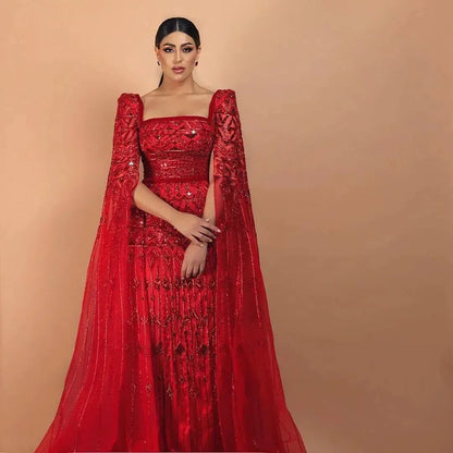 Luxury Wine Red Arabic Burgundy Evening Dress With Cape Sleeves Elegant Dubai Women Wedding Party Gowns