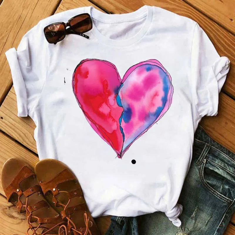 Maycaur Colorful Heart Flower Print Women Tshirt Summer Casual Funny Graphic T Shirt 90s Lady Yong Girl Valentine's Day Gifts