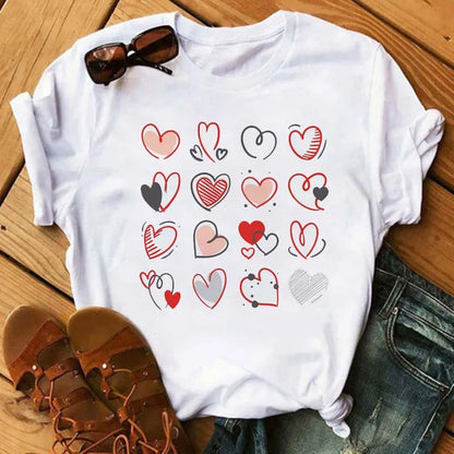 Maycaur Colorful Heart Flower Print Women Tshirt Summer Casual Funny Graphic T Shirt 90s Lady Yong Girl Valentine's Day Gifts