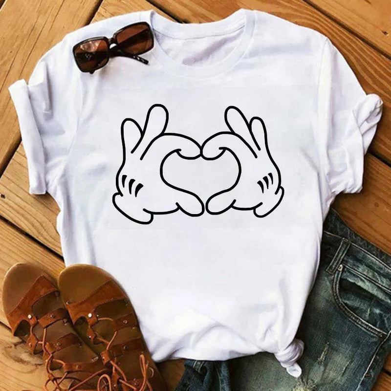 Maycaur Colorful Heart Flower Print Women Tshirt Summer Casual Funny Graphic T Shirt 90s Lady Yong Girl Valentine's Day Gifts