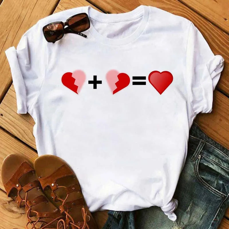 Maycaur Colorful Heart Flower Print Women Tshirt Summer Casual Funny Graphic T Shirt 90s Lady Yong Girl Valentine's Day Gifts