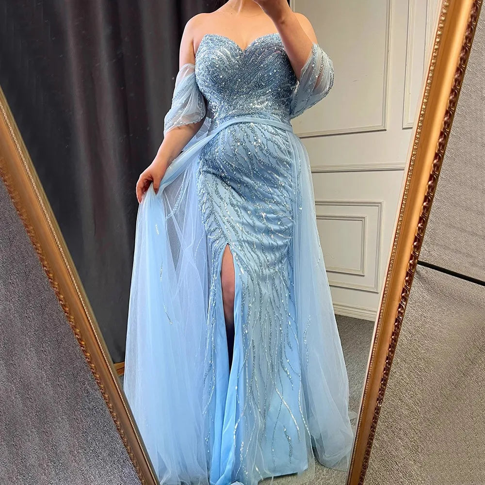 Women's Off-Shoulder Drop-Sleeve Solid Waist-Cinching High-Slit Mermaid Evening Dress with Heavy Beading and Fringe