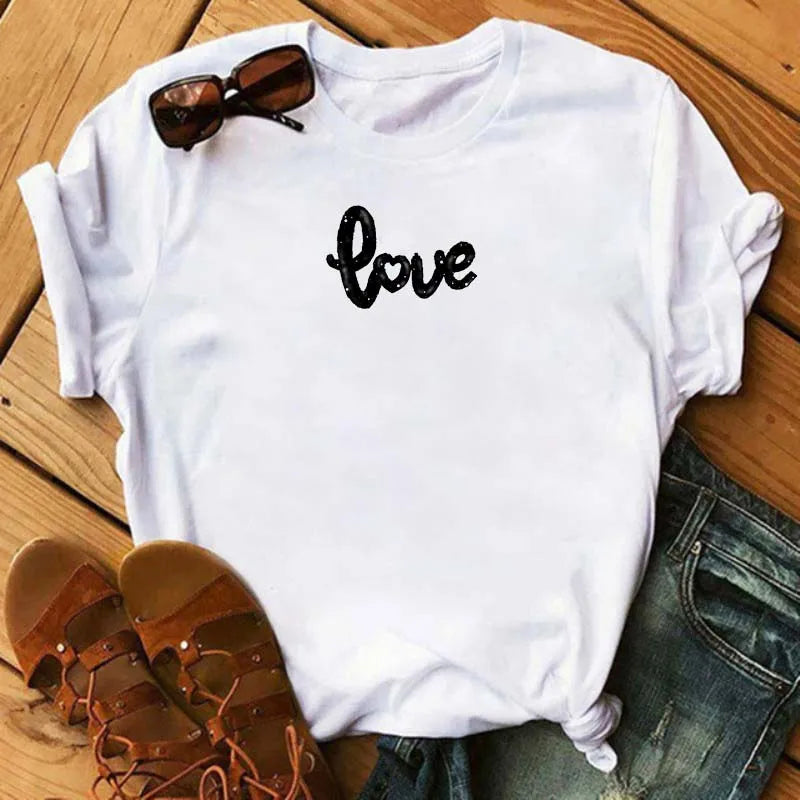 Maycaur Colorful Heart Flower Print Women Tshirt Summer Casual Funny Graphic T Shirt 90s Lady Yong Girl Valentine's Day Gifts