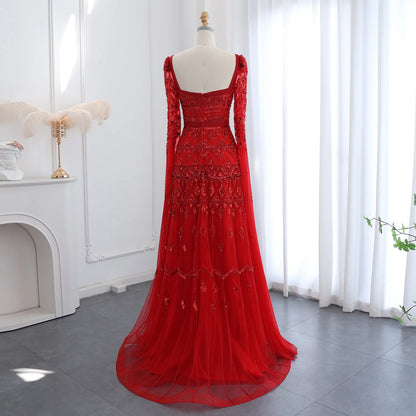 Luxury Wine Red Arabic Burgundy Evening Dress With Cape Sleeves Elegant Dubai Women Wedding Party Gowns
