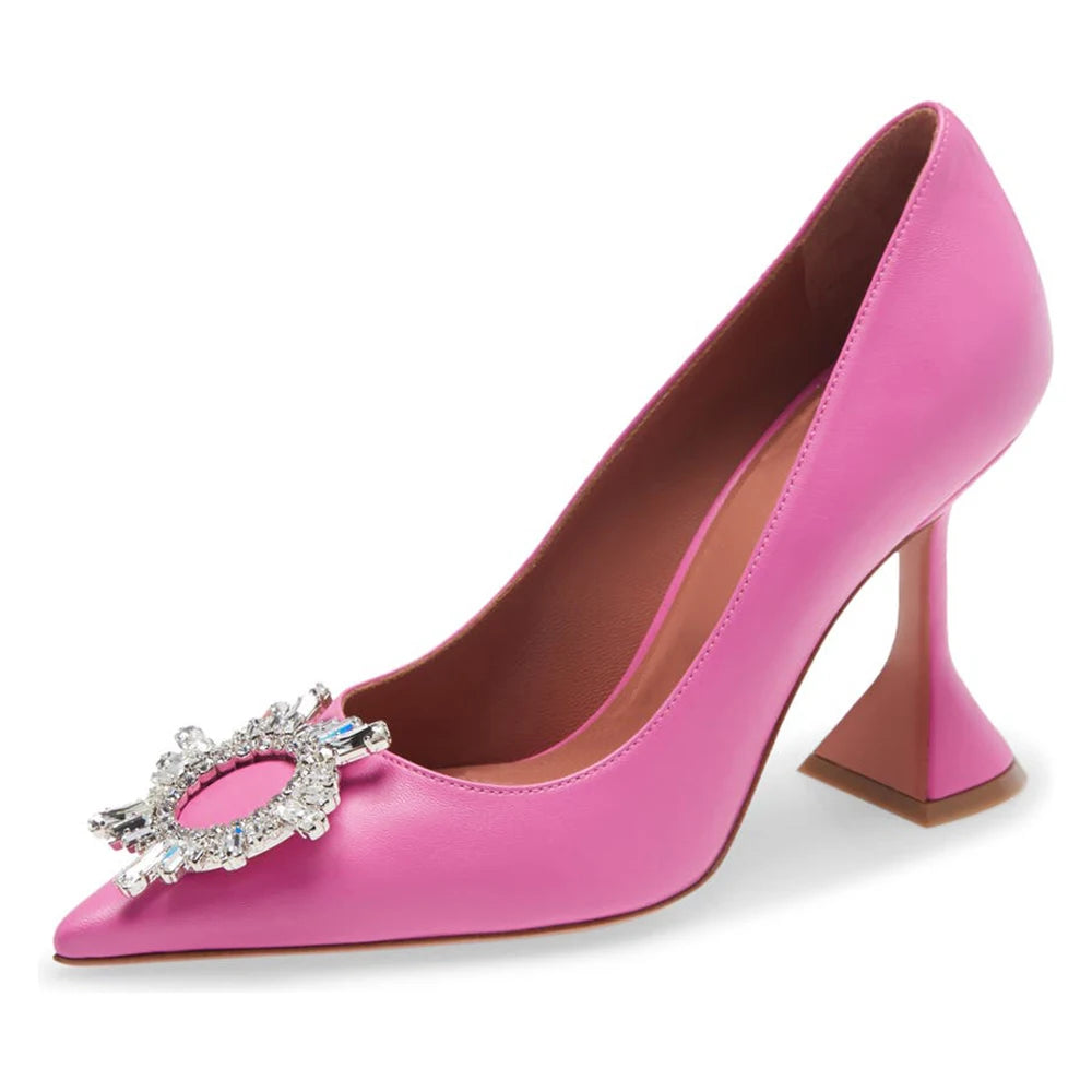Pretty Pink PU Leather Crystal Flower Fashion Women Pumps Pointed Toe Glass Heel Party High Heels