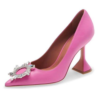 Pretty Pink PU Leather Crystal Flower Fashion Women Pumps Pointed Toe Glass Heel Party High Heels