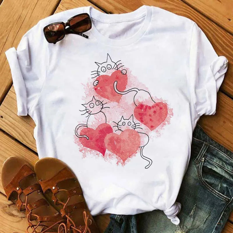 Maycaur Colorful Heart Flower Print Women Tshirt Summer Casual Funny Graphic T Shirt 90s Lady Yong Girl Valentine's Day Gifts