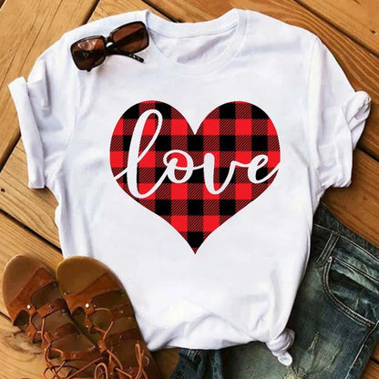 Maycaur Colorful Heart Flower Print Women Tshirt Summer Casual Funny Graphic T Shirt 90s Lady Yong Girl Valentine's Day Gifts