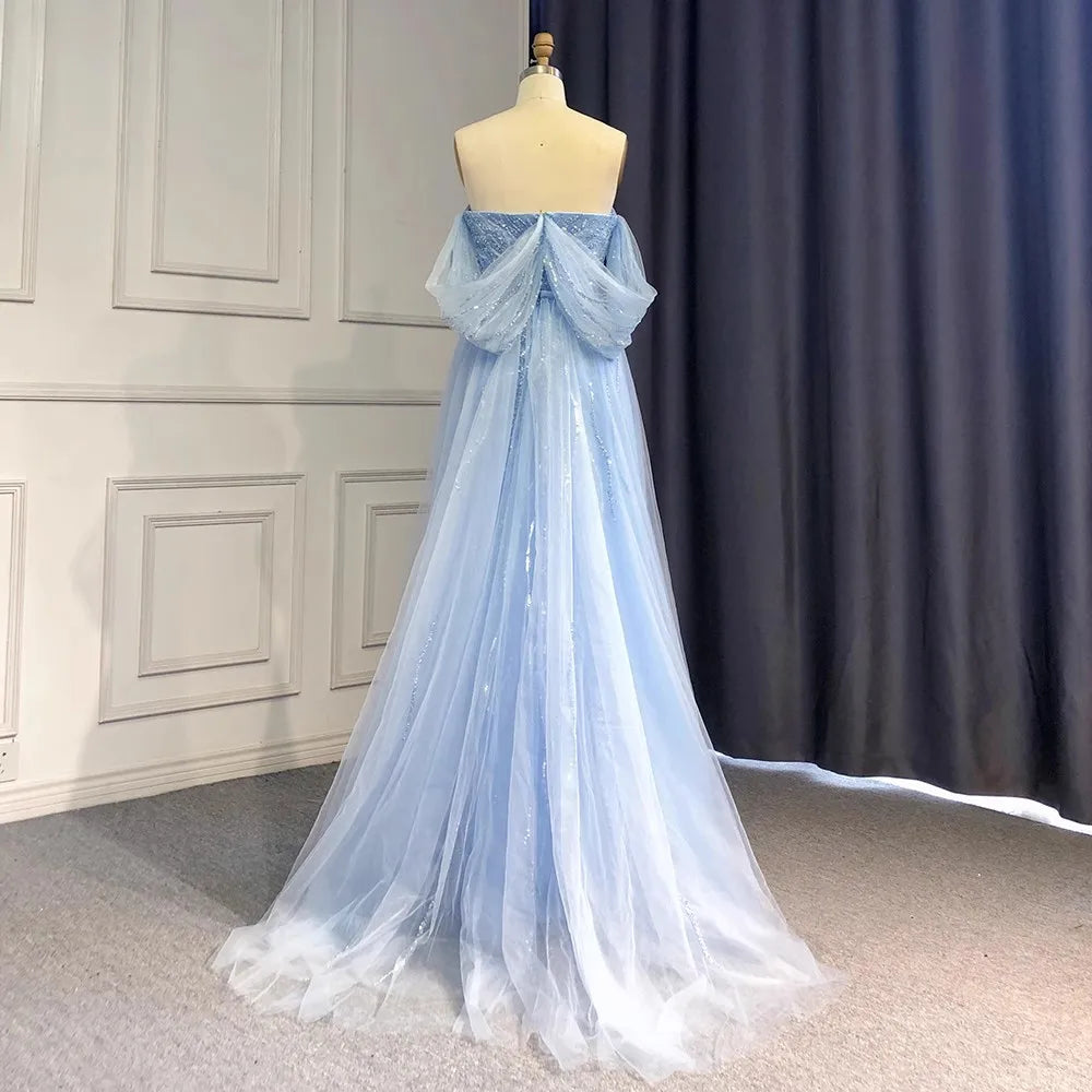 Women's Off-Shoulder Drop-Sleeve Solid Waist-Cinching High-Slit Mermaid Evening Dress with Heavy Beading and Fringe