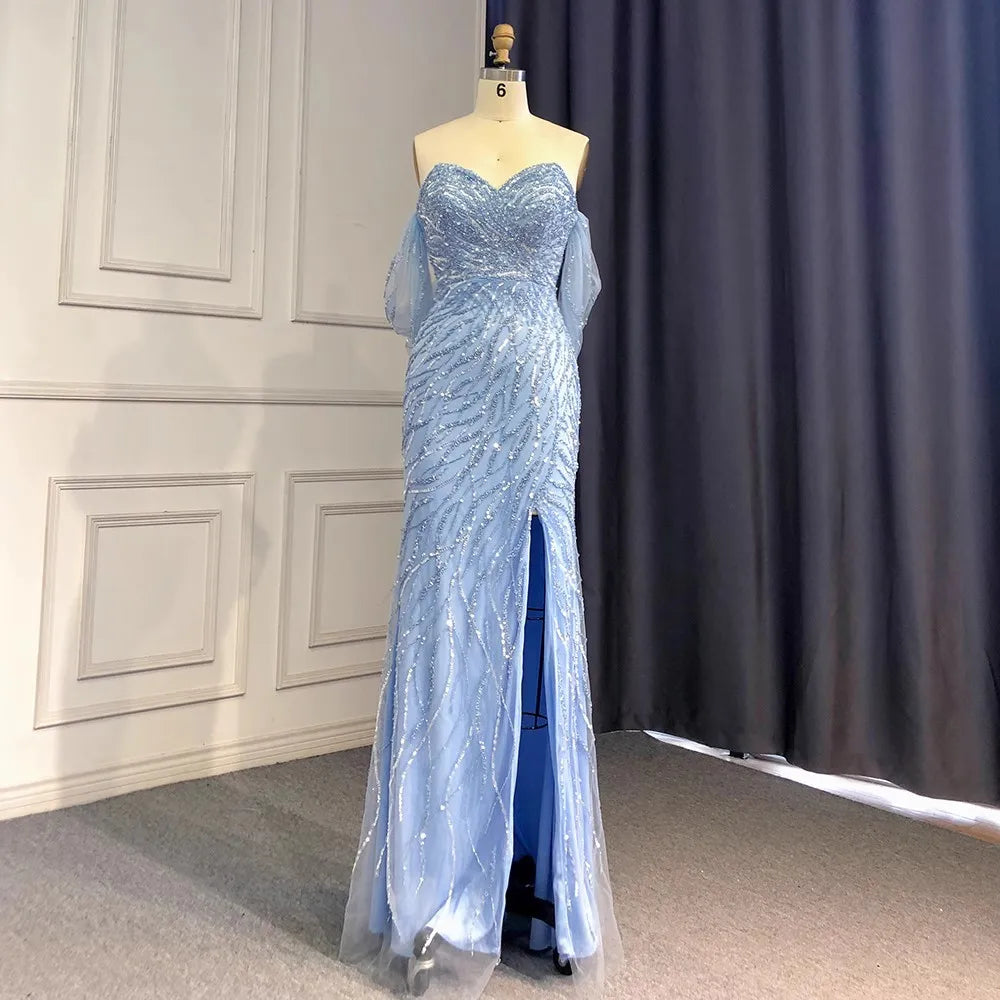 Women's Off-Shoulder Drop-Sleeve Solid Waist-Cinching High-Slit Mermaid Evening Dress with Heavy Beading and Fringe