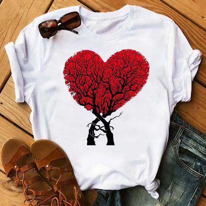 Maycaur Colorful Heart Flower Print Women Tshirt Summer Casual Funny Graphic T Shirt 90s Lady Yong Girl Valentine's Day Gifts